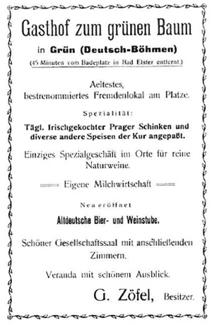 Inzerát na hostinec Zum grünen Baum z roku 1906