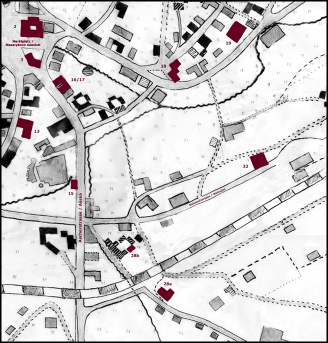 Výřez z mapy Rossbachu s vyznačenými hostinci