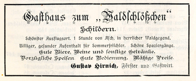 Inzerát na hostinec Waldschlösschen z roku 1906
