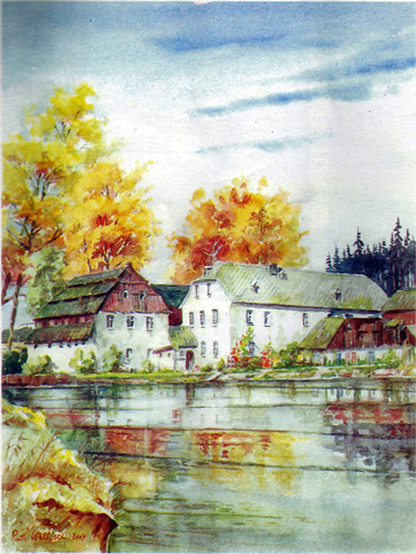 Akvarel Újezdského mlýna od Ruth Willischové